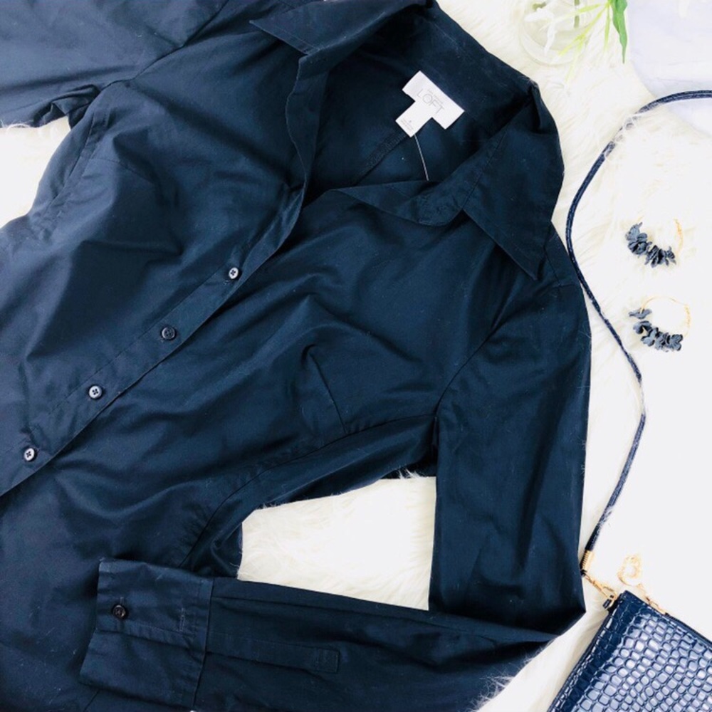 Ann Taylor Loft navy blue button down shirt